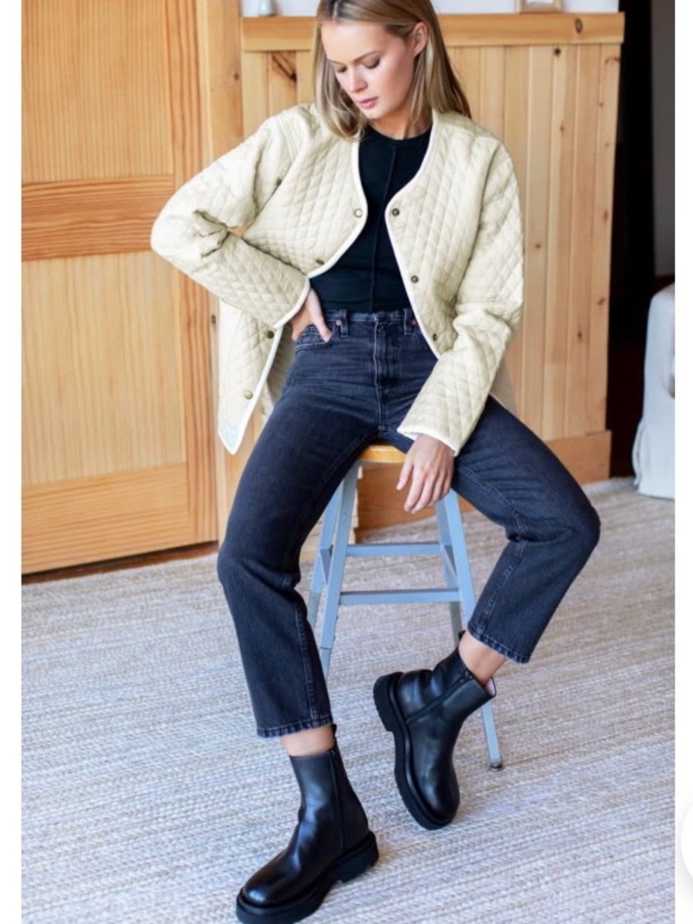 Emerson Fry Quilted Cropped Jacket in Buttercream